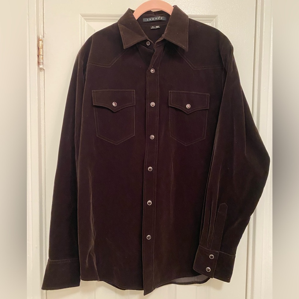 Theory brown velvet snap closure button up long sleeve shirt